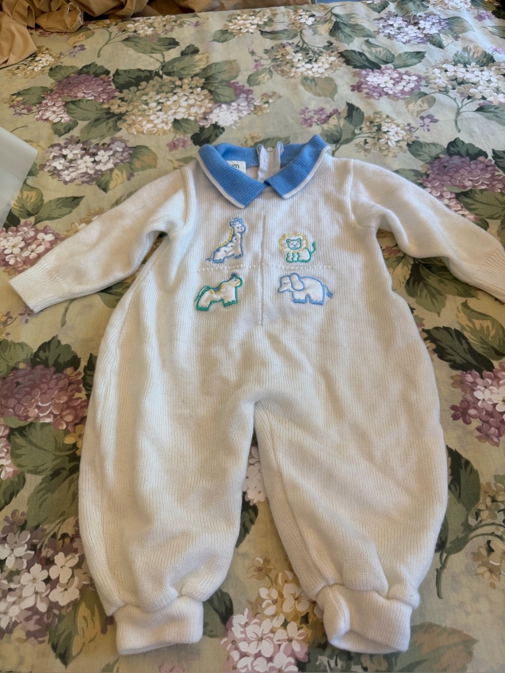 Baby Knit One-Piece Footie with Blue Collar and Animal Appliqués